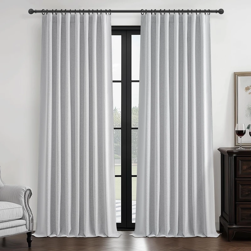 Light Grey Blackout Curtains 92 Inch Length 2 Panels Set for Bedroom, Modern Faux Linen Room Darkening Pleated Gray Burg with Rod Pocket Back Tab Insulated Curtain for Office Sunroom (50"Wx92"Lx2)