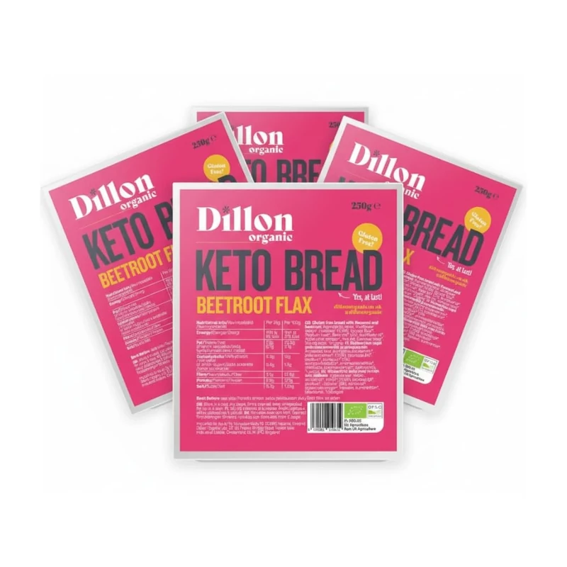Dillon Organic Beetroot Flax Keto Bread | Gluten-Free, High Fibre, Vegan, Low Sugar, Diabetic-Friendly, High Omega-3, UPF Free - Unsliced, 250g (Pack of 4)