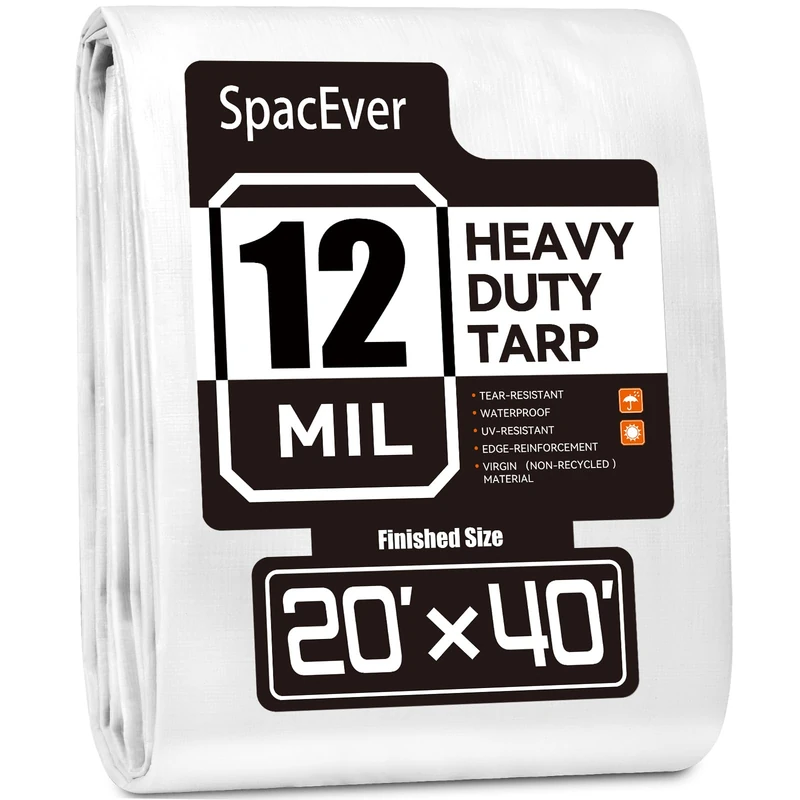 Tarp Heavy Duty 20x40 FT, 12 Mil Thick Large Tarps Water-Proof with Grommets, UV& Tear Resistant, Plastic Cover for Pool Roof Tent Outdoor Firewood, White