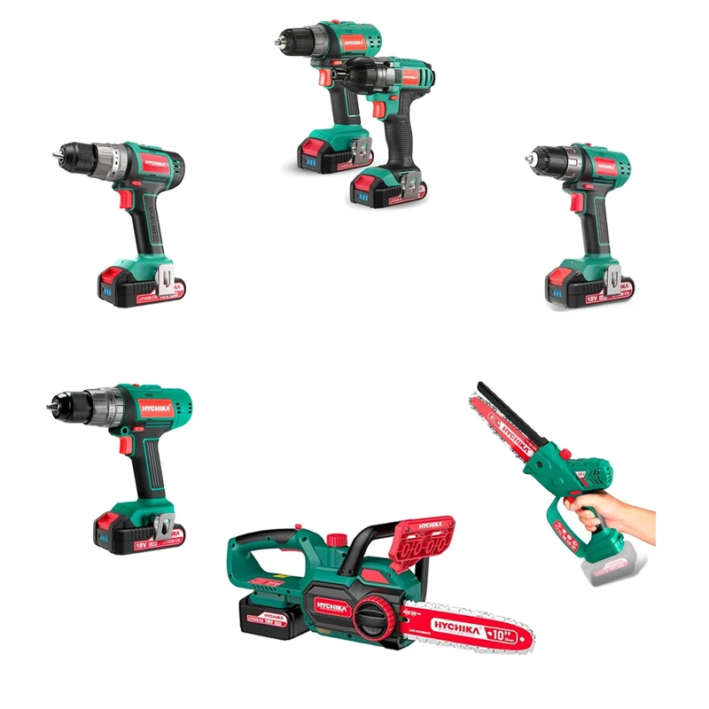 HYCHIKA 7 Piece Cordless Power Tool Combo Kit (4 x 18 V Cordless Drill, 1 x Impact Driver, 1 x Mini Cordless Chainsaw, 1 x 10" Cordless Chainsaw) Complete with 5 x 2.0AH Battery, 2 x 4.0AH Battery