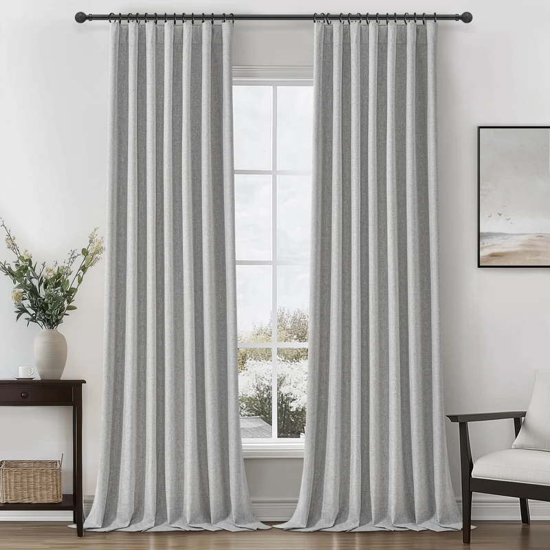 Gray 100% Black Out Linen Curtains 112 Inches Long 2 Panels Set for Kids Boys Room, Country Farmhouse Pleated Ceiling Track Curtain Rod Pocket Window Drapes Heavy Thermal Privacy Nursery(50"Wx112"L)