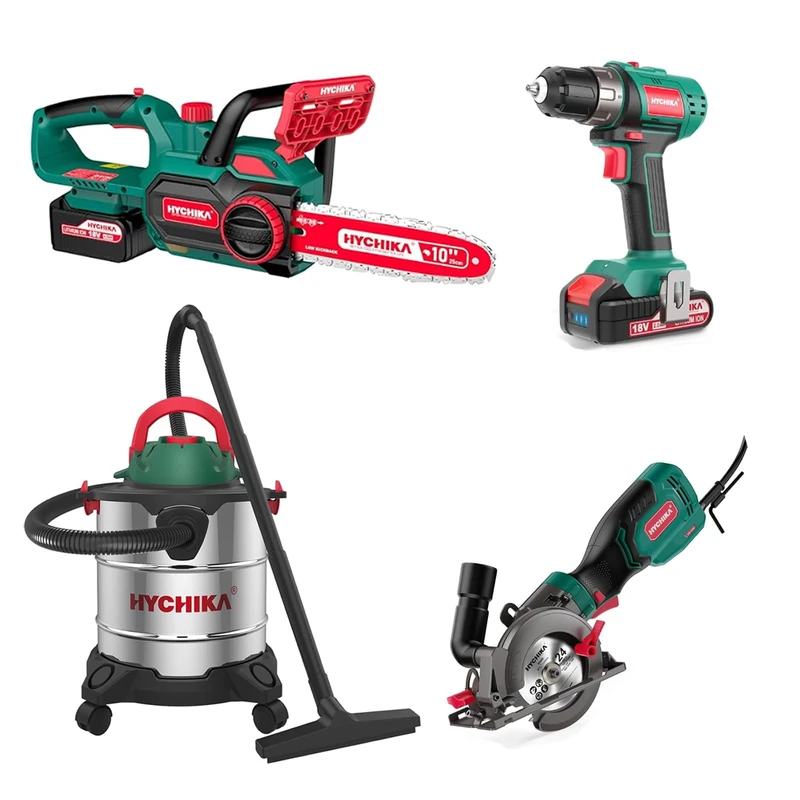 HYCHIKA Power Tool Combo Kit Includes 26Pcs Cordless Drill, 10" Cordless Chainsaw, 700W Mini Circular Saw, 3 in 1 Wet and Dry Vacuum Cleaner(1200 W, 20 L), with 2 x 18V Battery(2.0Ah, 4.0Ah)