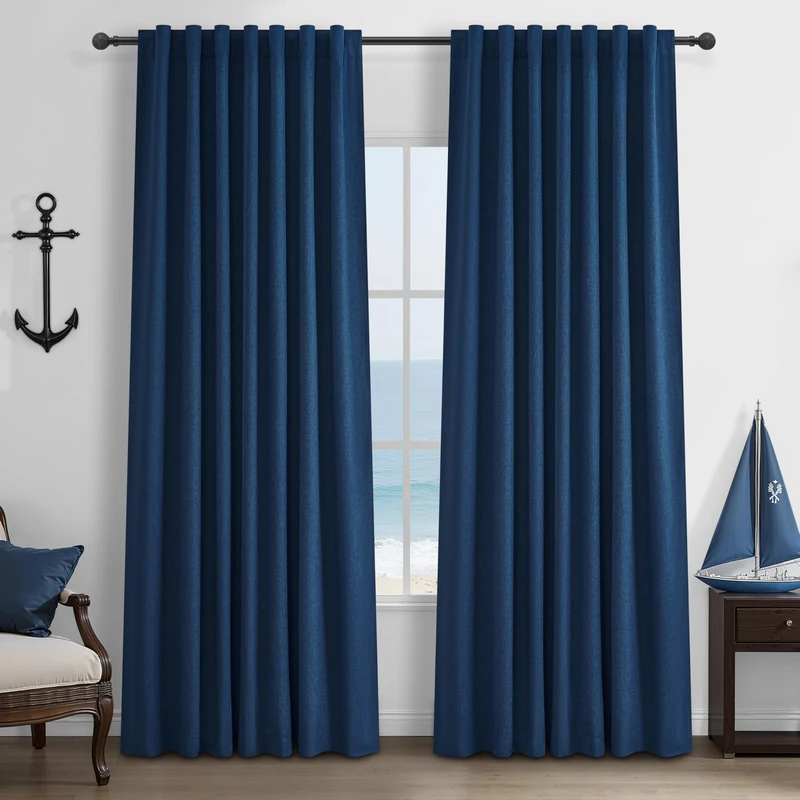 Navy Blue Blackout Curtains 86 Inch Length for Kids/Boys Rooms/Bedroom, Floor to Ceiling Track Pleated Drapes with Hooks Linen Thermal Coastal Curtain Dark Blue Window Burg 50"Wx86"Lx 2Panels Back Tab