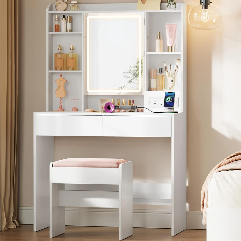 VASAGLE KAILYN Collection - Dressing Table with LED Lights and Power Outlets, 3 Colours, Vanity Desk with Mirror, Vanity Table with 2 Drawers, Makeup Desk, Modern, Cloud White RDT143WB02