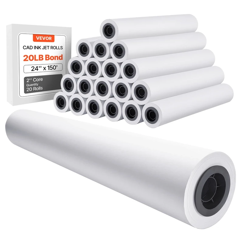 VEVOR Wide Format Paper, 24 in x 150 ft Plotter Roll, 20 Rolls CAD Bond Rolls with 2 in Core, 20 LB Bond Paper Rolls, Ideal for CAD Drawings, Engineering Plans, GIS Maps, and Architectural Designs