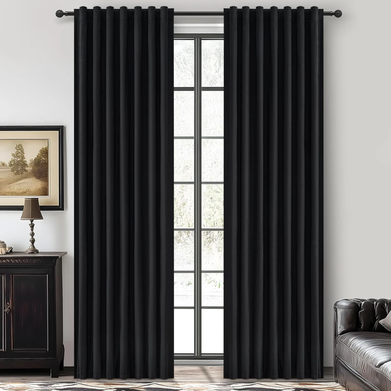 Black Blackout Curtains 92 Inches Long 2 Panel Set, Sun Blocking Curtain for Bedroom Modern Black Window Linen Drapes for Winter Thermal Insulated Pleated with Heading Tape Pin Hooks (W50"xL92")