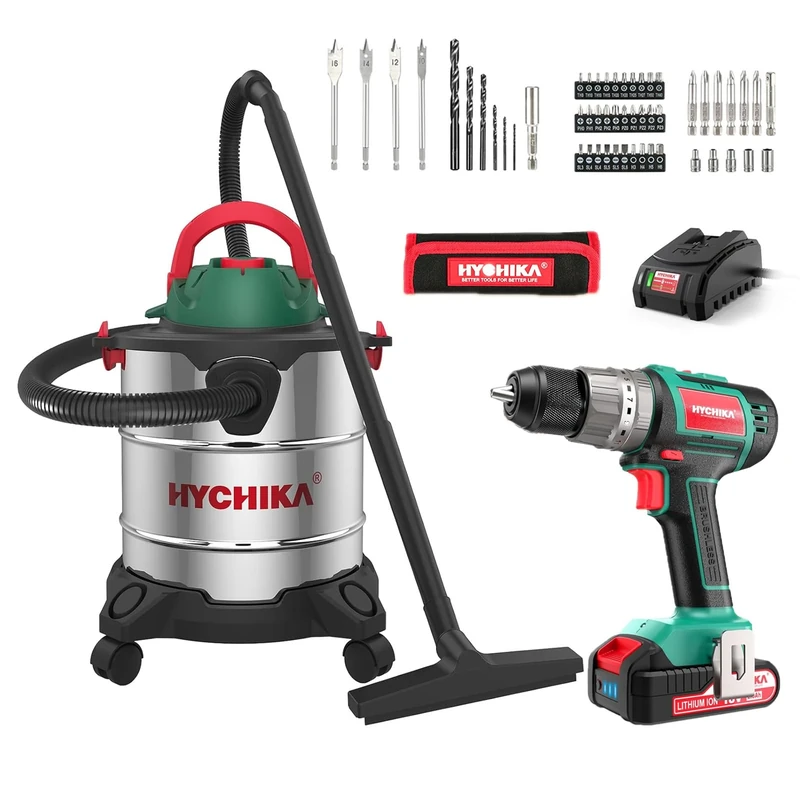 HYCHIKA 53pcs Brushless Cordless Drill Set + 3 in 1 Wet and Dry Vacuum Cleaner (1200 W, 20 L, 6 M Cleaning Range) 18V Electric Power Drill with 60Nm Max, 21+3 Torque, 2.0Ah Battery