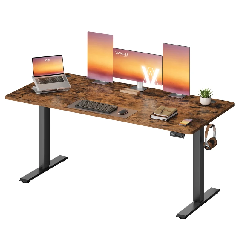 VASAGLE Electric Standing Desk, Height Adjustable Desk, Sedentary Reminder, 4 Memory Heights, for Home Office, 160 x 70 cm, Rustic Brown LSD316KD01