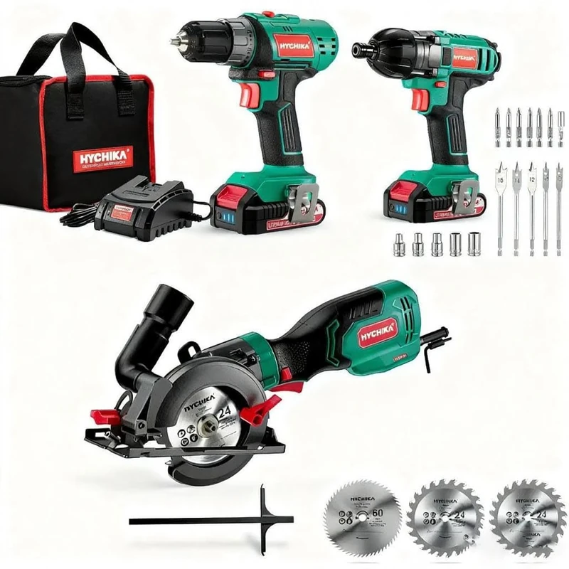 HYCHIKA Power Tool Combo Kit, Screwdriver 35 N.m + Impact Driver 160 N.m + 750W Mini Circular Saw Corded with 3 Blades, Power Tools Set for Home Garden Outdoor
