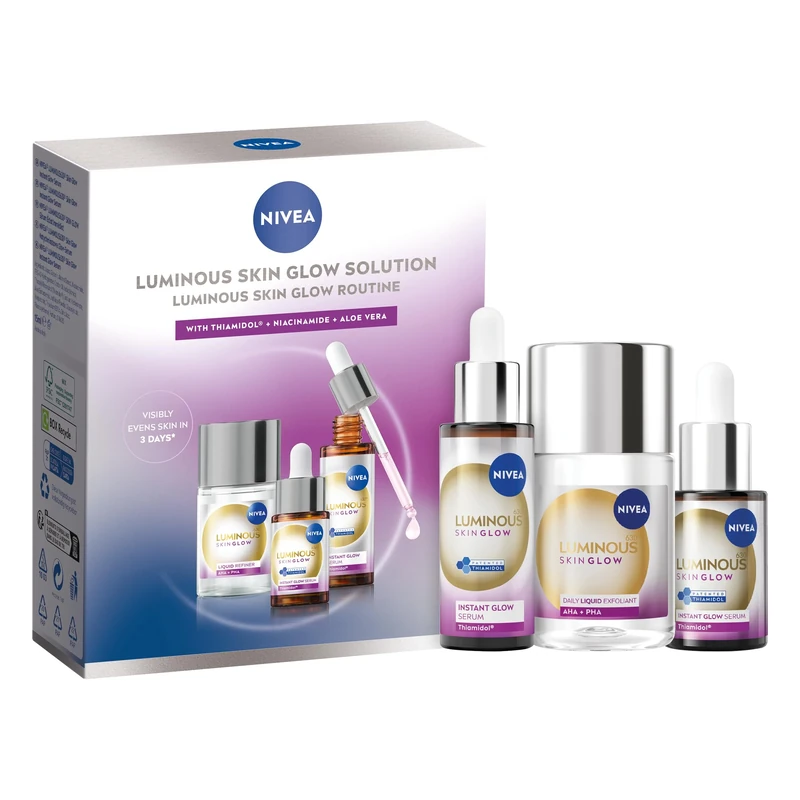 NIVEA Luminous Skin Glow Solution Gift Pack (3 Products), Gift Set For Women, Includes Face Serum (30ml and 15ml) and Liquid Face Exfoliator (100ml), Glowing Skin Care Essentials