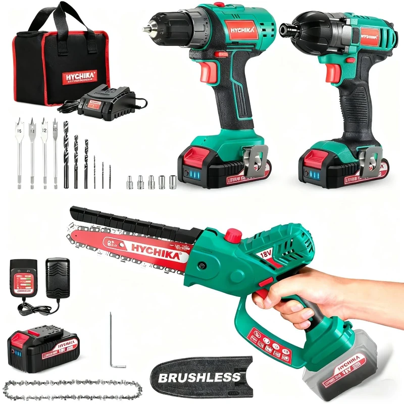 HYCHIKA Power Tool Combo Kit, Screwdriver 35 N.m + Impact Driver 160 N.m + 8 Inch Brushless Electric Chainsaw, Power Tools Set for Home Garden Outdoor
