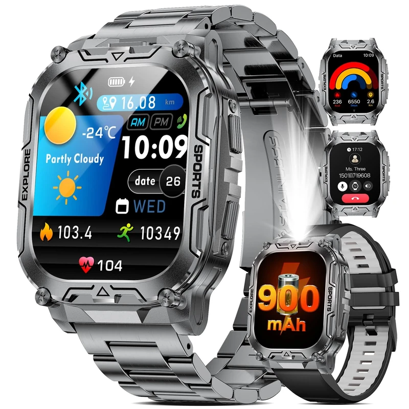 HIRREO TX12 Smart Watch for Men, 900 mAh Battery/LED Flashligh Military Smart Watches, 2.01'' HD Fitness Tracker, 100+ Sports Mode/Pedometer/IP68 Waterproof Smartwatch for Android iOS Phones