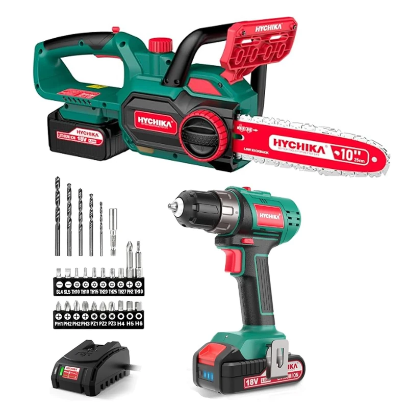 HYCHIKA 10" Cordless Chainsaw + 26 Pcs Cordless Drill Set, with 2 x 18V Battery (4.0Ah, 2.0Ah) and Charger, Electric Chain Saws to Cut Wood and Trees Power Tool for DIY Home Garden Projects
