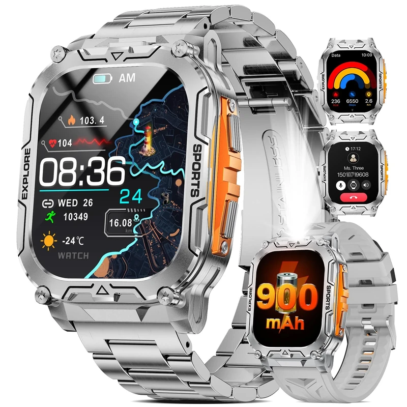 HIRREO TX12 Military Smart Watch for Men, 900 mAh Battery/LED Flashligh/2.01'' HD Screen Fitness Tracker Watches, 100+ Sports Mode/Pedometer/Sleep/IP68 Waterproof Smartwatch for Android iOS