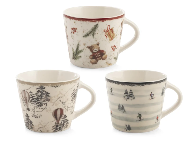 H&H Set of 12 New Bone China Tea Cups - Winter Charm Decoration, 280 ml - Assorted Bear, Hot Air Balloon and Skiers Cups - Stylish for Breakfast and Tea - Image 1