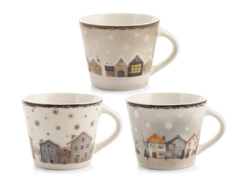 H&H Set of 12 New Bone China Tea Cups - Village Décor 280ml - Elegant Breakfast Mugs Hot Chocolate, Cappuccino