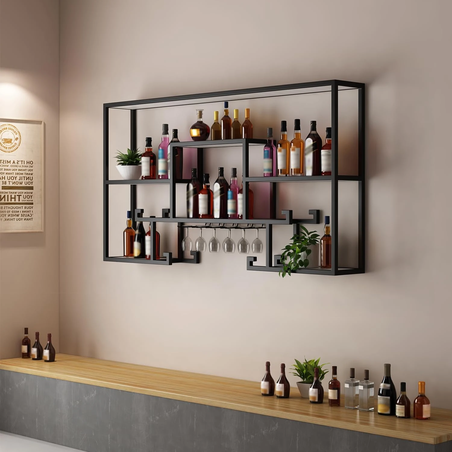 forestalk Bar Shelf Floating Lighted LED Shelves, Metal Wine Bottle & Glass Rack Bottle Display Shelf Commercial Illuminated Bar Home Wall Mounted Racks(Size:100CM)