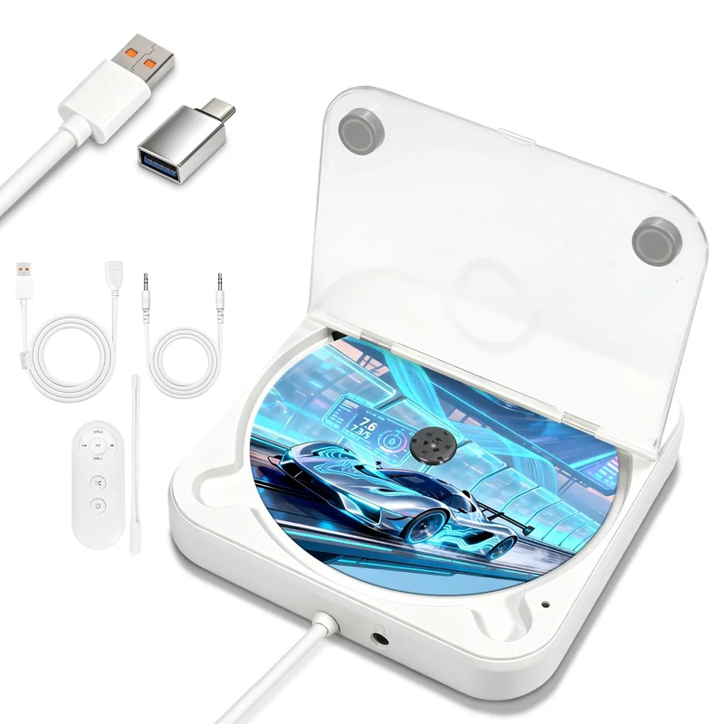 Portable CD Player for Car, External Car CD Player USB Plug and Play, AUX Port, USB Extension Cable, Personal CD Players for Home/office/Car/Laptop/Computer/TV (White)
