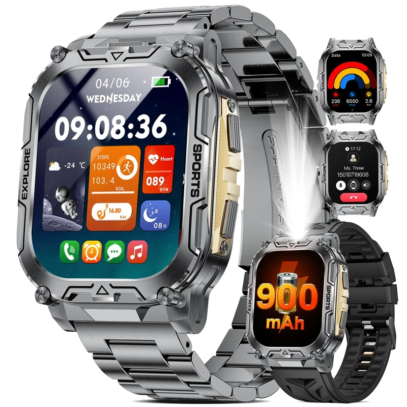 HIRREO TX12 Military Smart Watch for Men, 900 mAh/LED Flashligh/2.01'' HD Screen Fitness Tracker Watches, 100+ Sports Mode/Pedometer/IP68 Waterproof Men's Smartwatch for Android iOS Phones