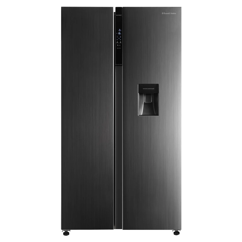 Russell Hobbs Freestanding American Fridge Freezer with Water Dispenser 442 Litre 70/30 in Black Steel, Super Freeze Function 177cm Tall & 90cm Wide with 5 Glass Shelves RH90AFF201DI-WD