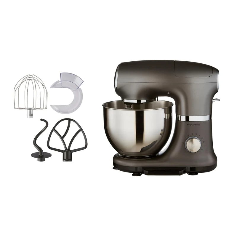 Morphy Richards Stand Mixer, 5.5L, Aluminium Die Casting, Integrated Timer & Scale, 8 Speed Controls, Pulse Setting, Include Accessories Dough Hook, Beater, Whisk, Bowl Cover, 1kw Motor, 400024