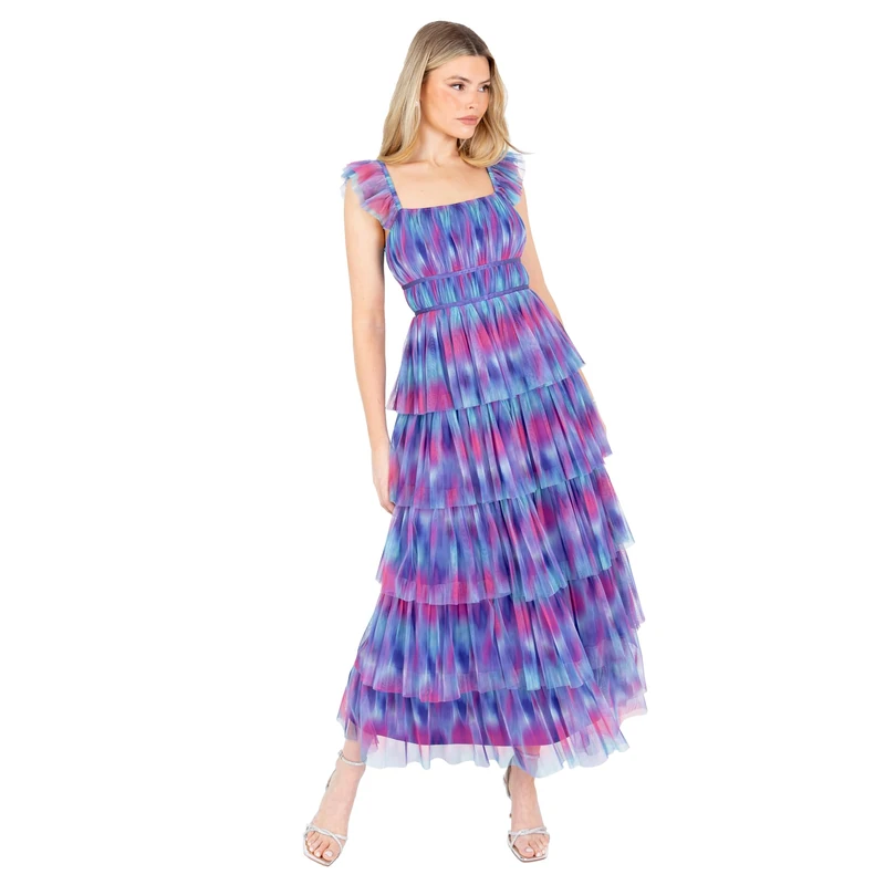 Anaya with Love Women's Midaxi Dress Ladies Square Neck Cap Sleeve Recycled Abstract Watercolour Print A-line Tulle Tiered Hemline, Multicoloured 18