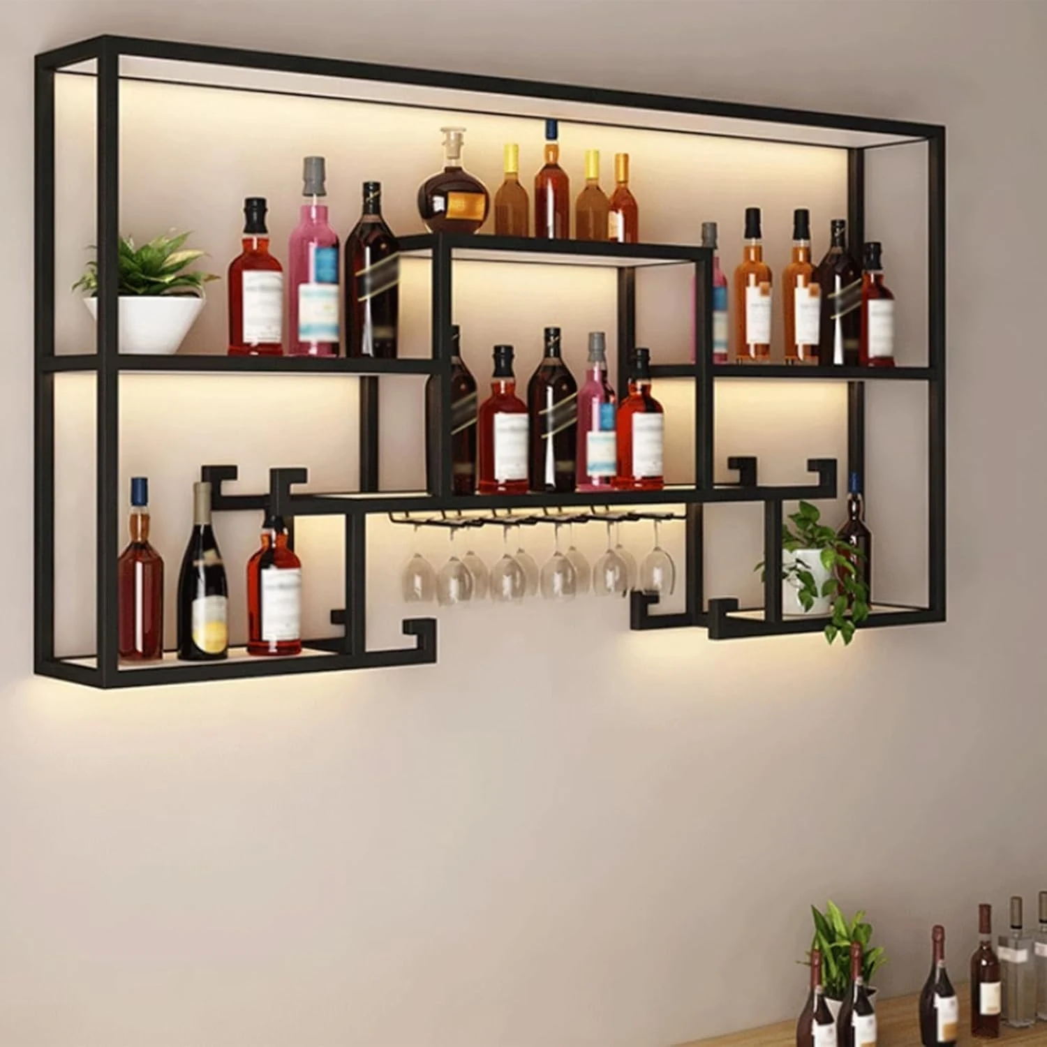 Modern Wine Storage Rack Wall Mounted With LED Light With Wine Glass Holder,Bar Unit Floating Shelves,with Wine Glass Holder Kitchen Storage Bar Shelves For Kitchen Dining Room Bar Decorat(Size:120CM)