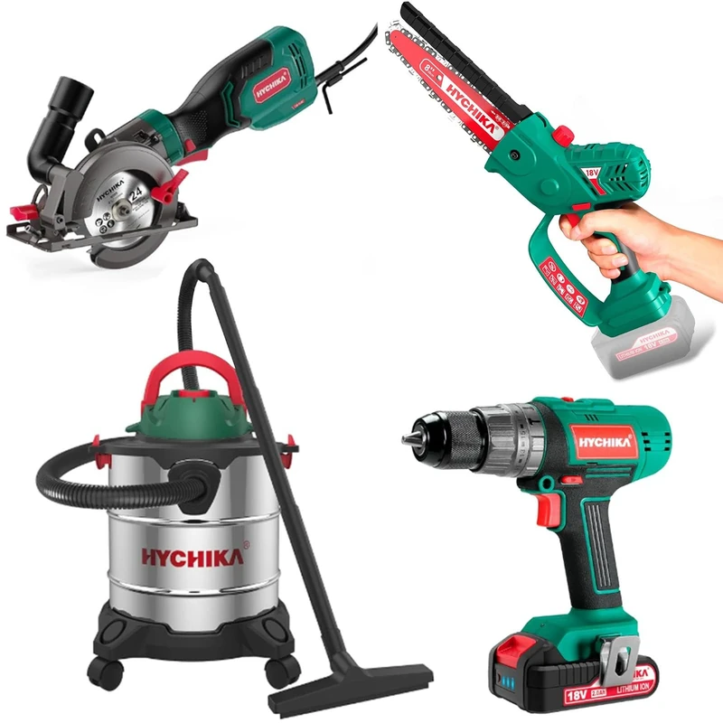 HYCHIKA 4 Tools Power Tool Combo Kit, 750W Circular Saw Corded + 18V Cordless Drill + 3 in 1 Wet and Dry Vacuum Cleaner + 8 Inch Brushless Electric Chainsaw, Power Tools Set for Home Garden Outdoor