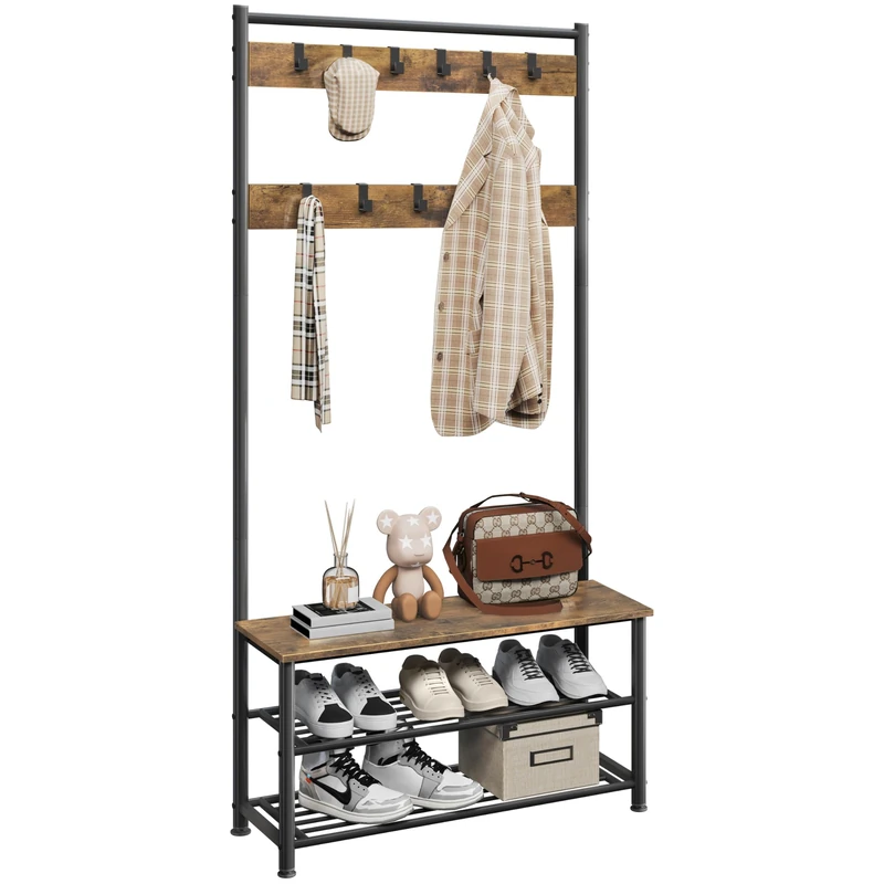 Yaheetech Coat Rack, Industrial Hall Tree Coat Stand with Shoe Bench, 3-in-1 Coat and Shoe Rack Storage for Hallway, Entryway, 33.5x85.5x184.5 cm, Rustic Brown