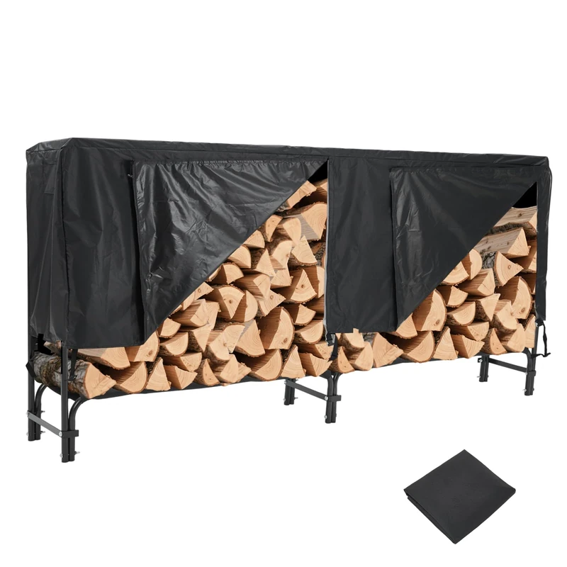 Metal Firewood Rack with Waterproof Protective Cover and Base Plate, Weatherproof Firewood Shelf for Garden, Patio, Balcony, Rustproof Wood Storage for Outdoor Use, XXL Storage Capacity
