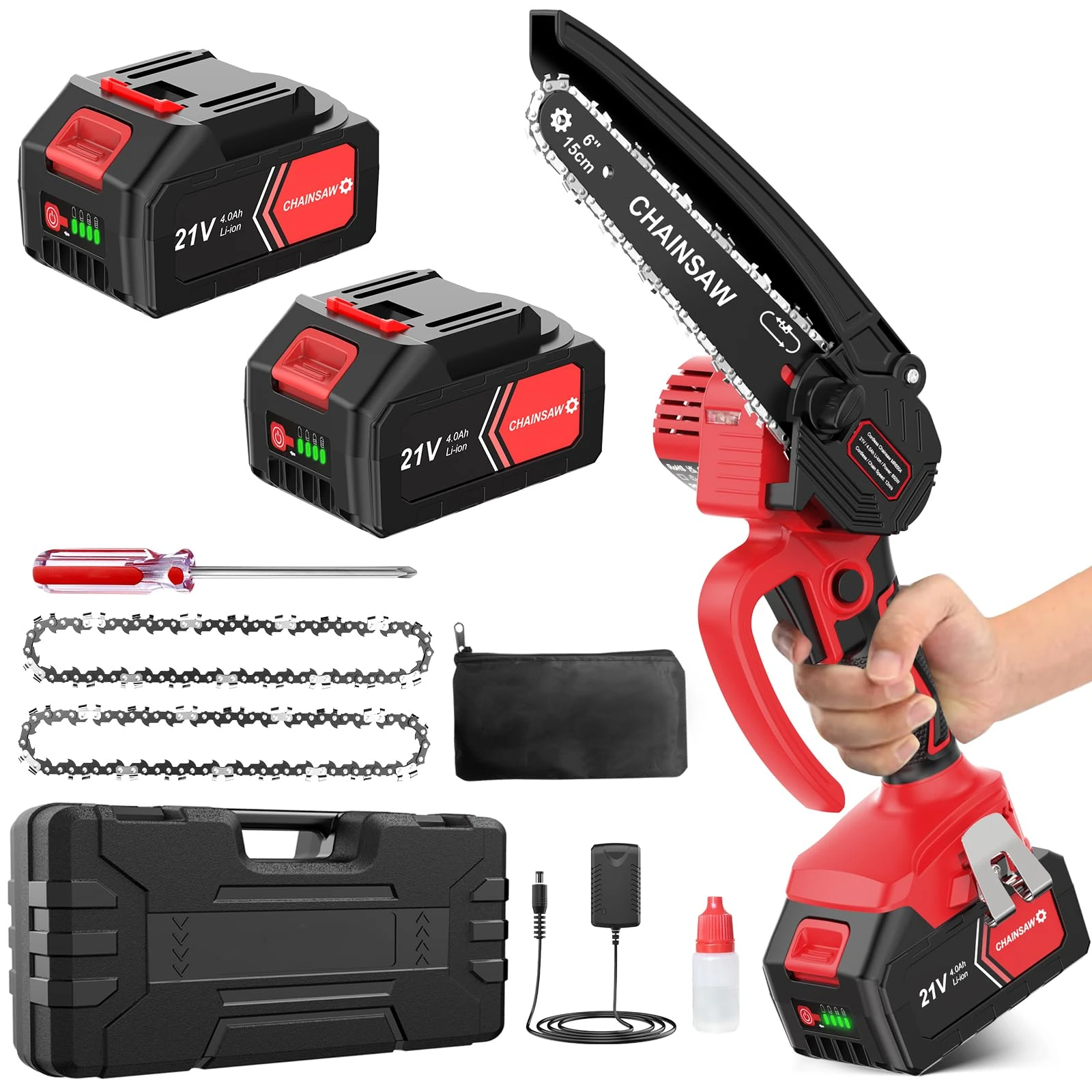 Mini Chainsaw 6 Inch, Bamse Cordless Electric Chainsaw with 2 Batteries 4000mAh and 2 Super Chains, Ideal for Tree Branches and Garden Cutting, Gift for Men Dad Husband