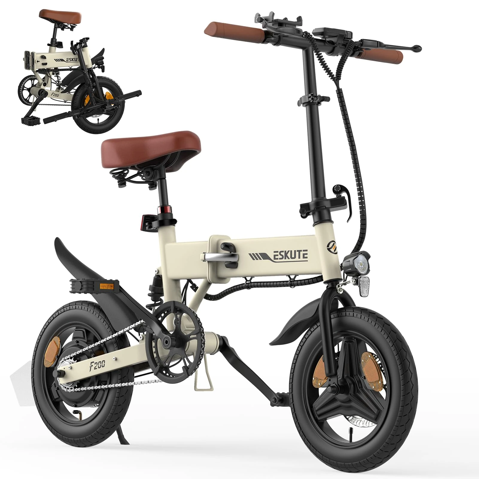 ESKUTE F200 Electric Folding Bike, 14" Electric Commuter Bicycle 36V 7.8Ah Battery, Range 30 Miles, Mini Folding Ebike with Phone Holder & USB Port, LCD Display, Foldable Ebike for Teens/Adults