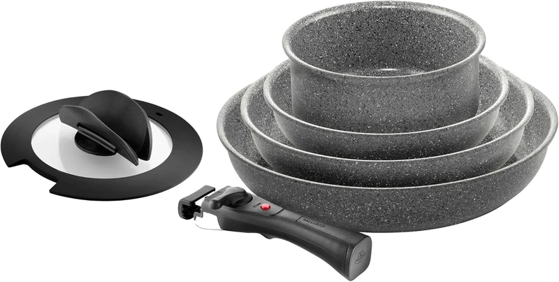 BALLARINI Torre 6-Piece Frying Pan Set and Saucepan Ceramic Coating, Suitable for Induction Cookers, Removable Handle, Lid with Folding Handles, Aluminium, Grey