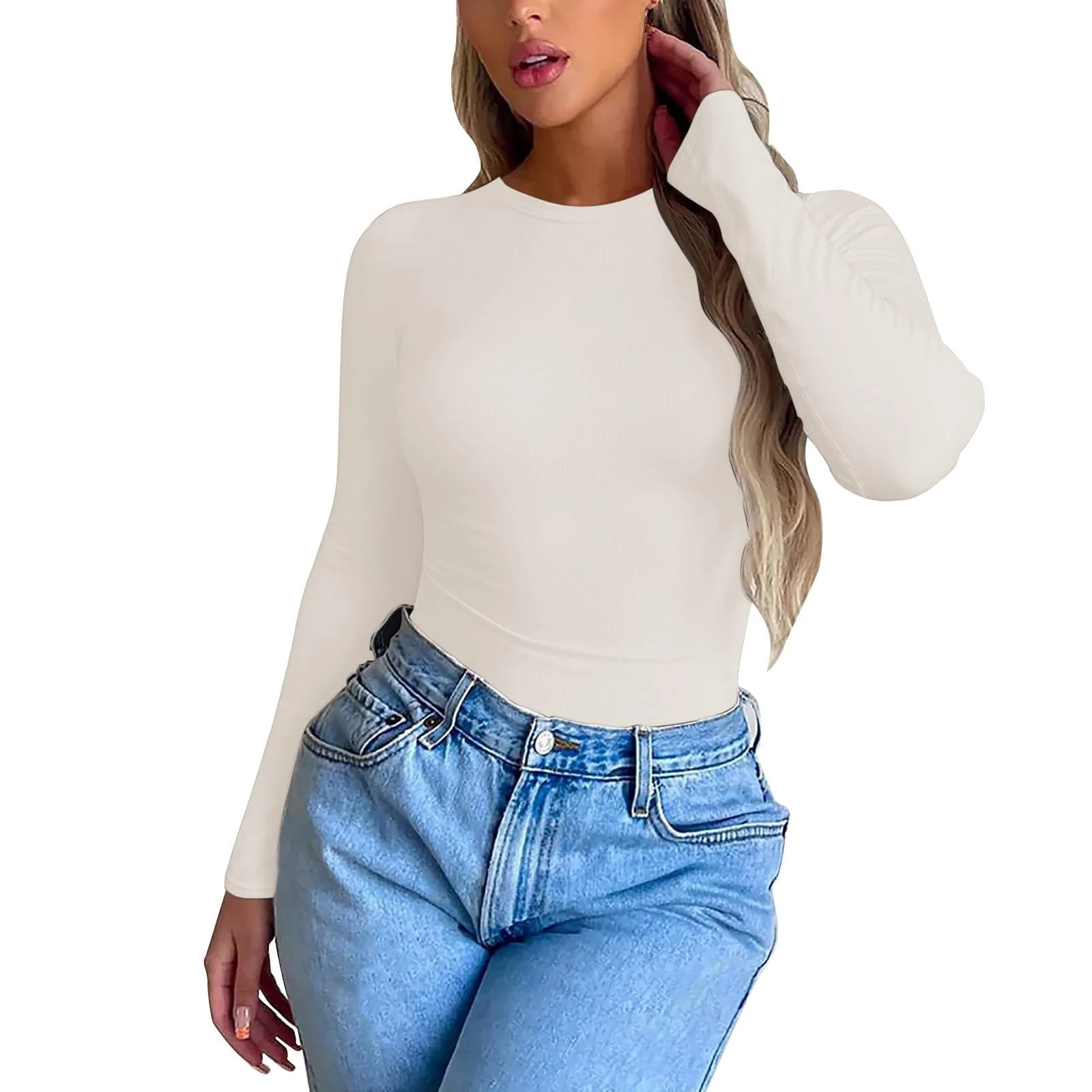 FNKDOR Long Sleeve Tops Women Crewneck Long Sleeve T Shirts Tight Basic Crop Top Stretchy Going Out Tops Skims Y2K Tee Shirt Lightweight Casual Pullover Top Club Party Streetwear(Beige,S)