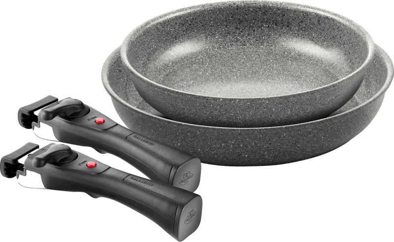 BALLARINI Torre Frying Pan and Saucepan Set + Silicone Kitchen Utensils, 13 Pieces, Ceramic Coating, Suitable for Induction Cookers, Removable Handles, Lid with Folding Handles, Aluminium, Grey