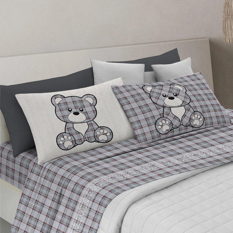 PENSIERI DELICATI Double Bed Set, 100% Warm and Soft Cotton, Double 180 x 200 cm, Includes Bottom Sheet, Top and 2 Pillowcases, Made in Italy, Grey Tartan Bear