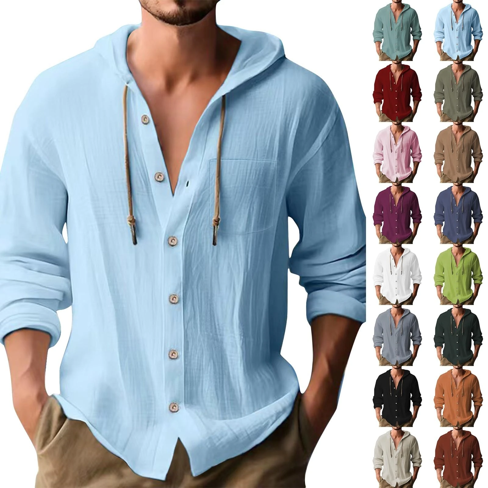 Mens Lightweight Hoodies For Summer Mens Hoodies Drawstring Hooded Pullover Button Up Plain Cotton Linen Shirt With Hood Solid Color Holiday Tops Casual Long-Sleeve Sweatshirts For Daily