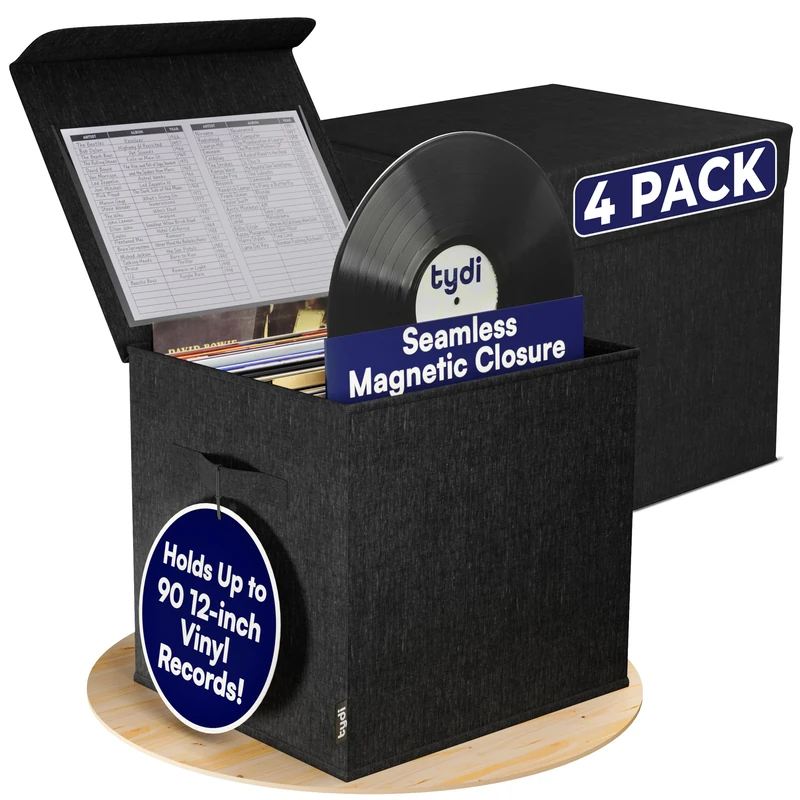 Tydi Vinyl Record Storage Box (4 Pack) – Holds Up To 90 12-Inch Records, Collapsible Crate & LP Storage Boxes, Holder & Case, Vinyl Holder for Albums – Records Case for 12 inch albums