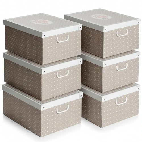 Lavatelli Set of 6 Large Cardboard Storage Boxes with Lids and Handles – Stackable Wardrobe Storage Boxes for Clothes – 39 x 50 x 24 cm (15.4 x 19.7 x 9.4 in)