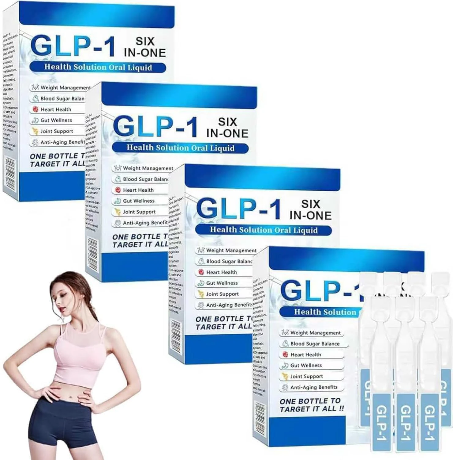 GLP-1 Six-in-One Solution OralLiquid, Advanced GLP-1 Oral Liquid, Multi-Action GLP1 Drops, GLP-1 Drops, Natural Plant Extract, for Men & Women (4 Box*7Pcs)