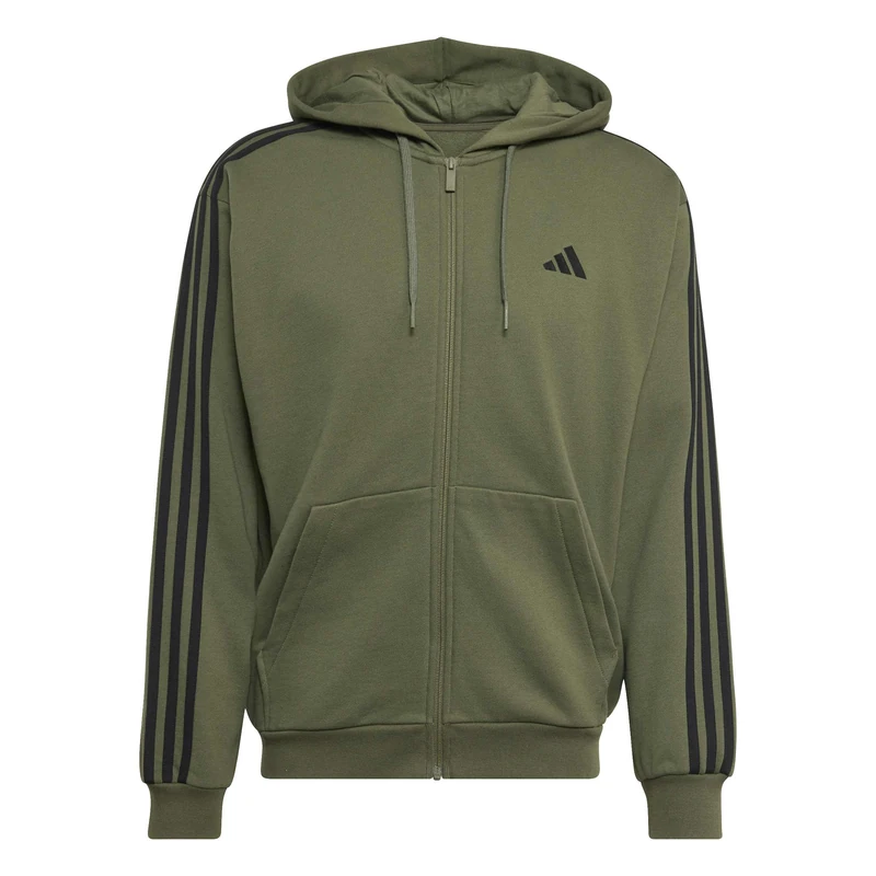 adidas Men's Essentials 3-Stripes French Terry Full-Zip Hoodie Sweatshirt, Olive Four/black, M