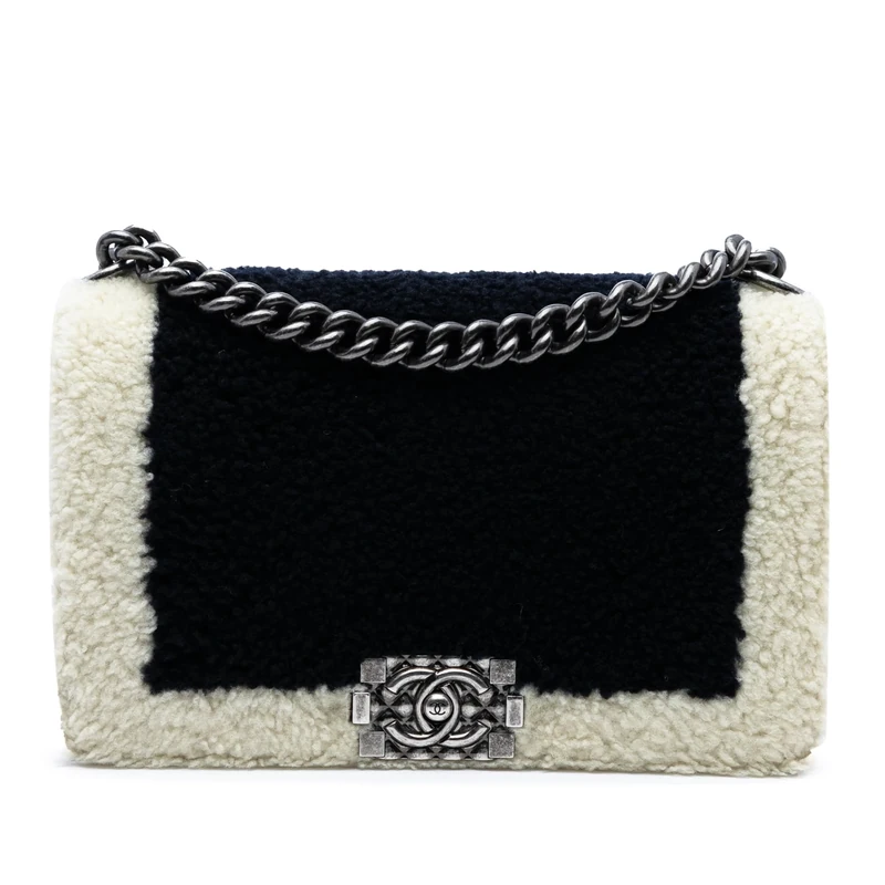 Chanel Pre-Loved Medium Bicolor Shearling Boy Flap Crossbody Bag