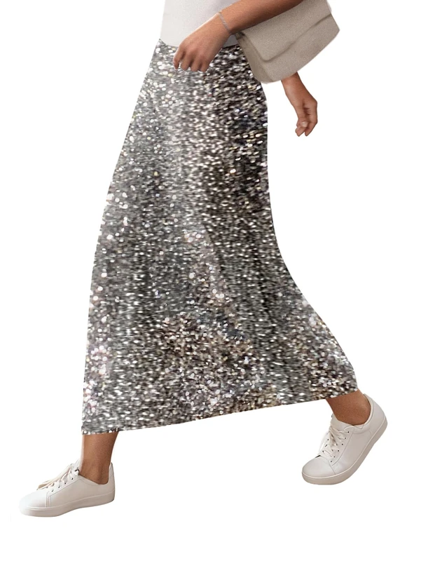 SOFIA'S Choice Women Sequin Skirts High Waisted Sparkly Midi Skirt Club Night Out, Silver, L