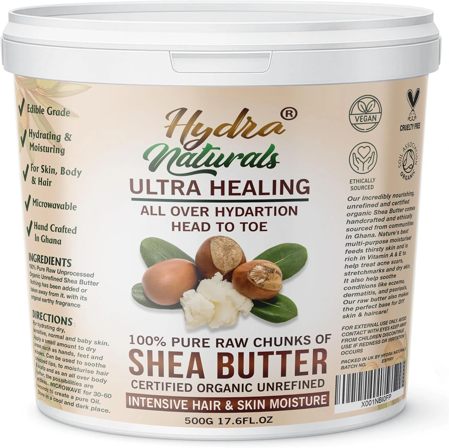 Hydra Naturals Unrefined Shea Butter 500g – 100% Pure, Raw, Organic, Cold Pressed – Natural Moisturiser for Hair, Smooth Skin, Face & Body – DIY Beauty, Dry Scalp, Anti-Aging Care