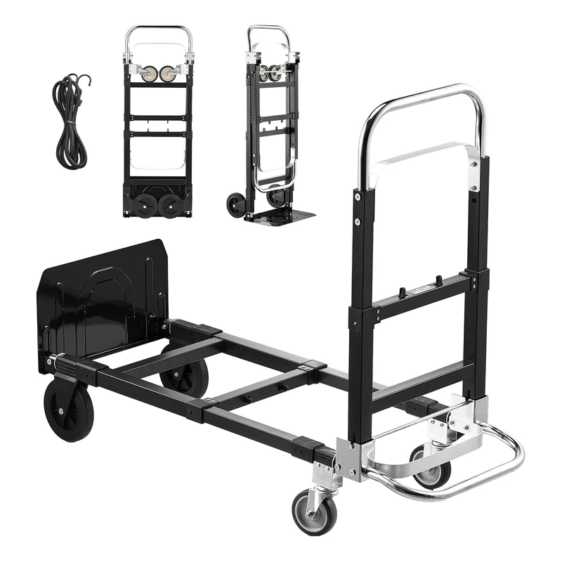 VEVOR 2 in 1 Folding Hand Truck, 500 lbs Load Capacity for 4-Wheel Mode, Convertible Hand Truck Dolly with Wheels & Adjustable Handle, Portable Trolley Dolly for Moving Home, Office, Warehouse