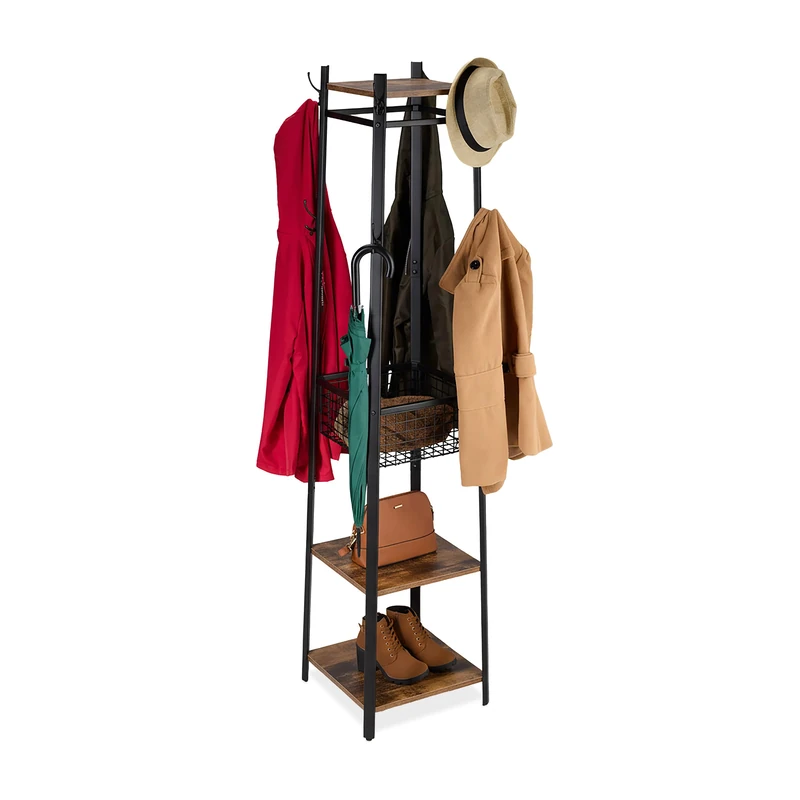 Relaxdays coat stand, 3 shelves & 8 hooks, HWD 181x43x43 cm, hall tree with wire basket, metal, black-brown