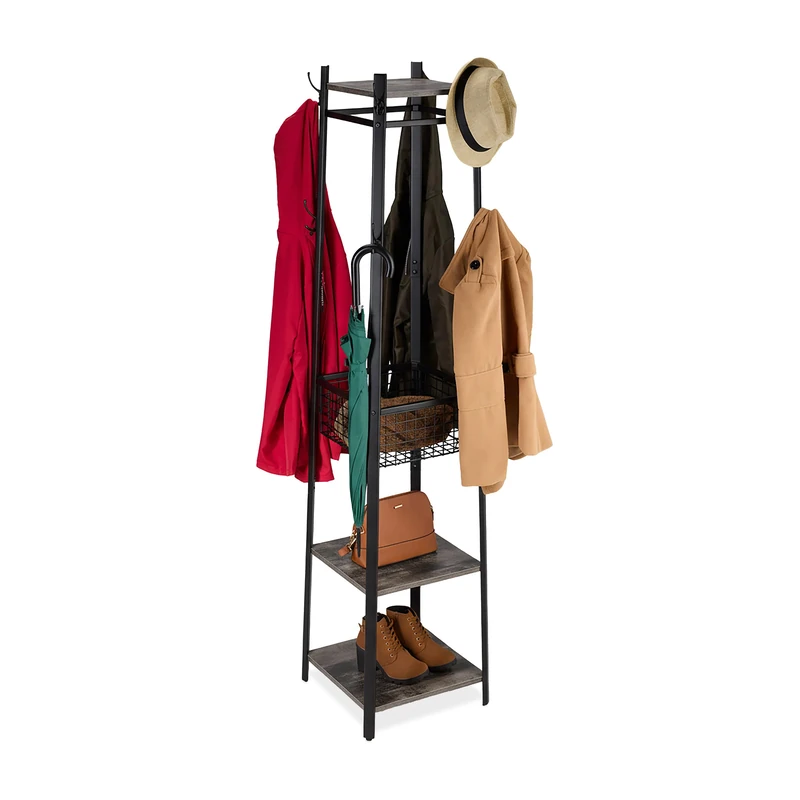 Relaxdays coat stand, 3 shelves & 8 hooks, HWD: 181x43x43 cm, coat stand with basket, hallway, metal, black-grey