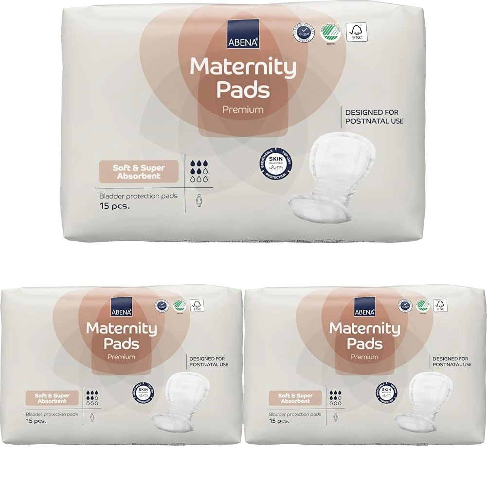 ABENA Premium Maternity Pads, Postpartum Essentials, Eco-Labelled, Extra Protection, After Birth, Breathable and Skin Friendly, Sustainable Incontinence Pads - 15PK (Pack of 3)