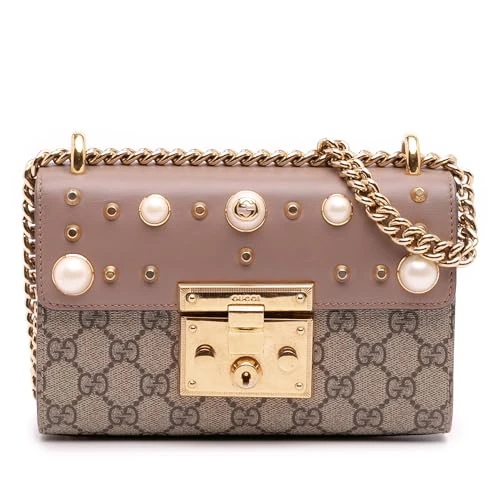 Gucci Pre-Loved Small GG Supreme Pearl Studded Padlock Crossbody