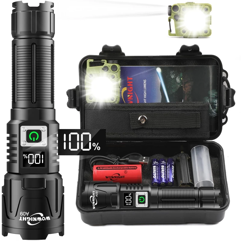 WOWNIGHT Torches LED Super Bright Rechargeable, 500000 Lumens Torches Battery Powered, LED Torch Zoomable Long Lasting 12H, Powerful Torch High Powered Flashlight for Camping Dog Walking Emergency